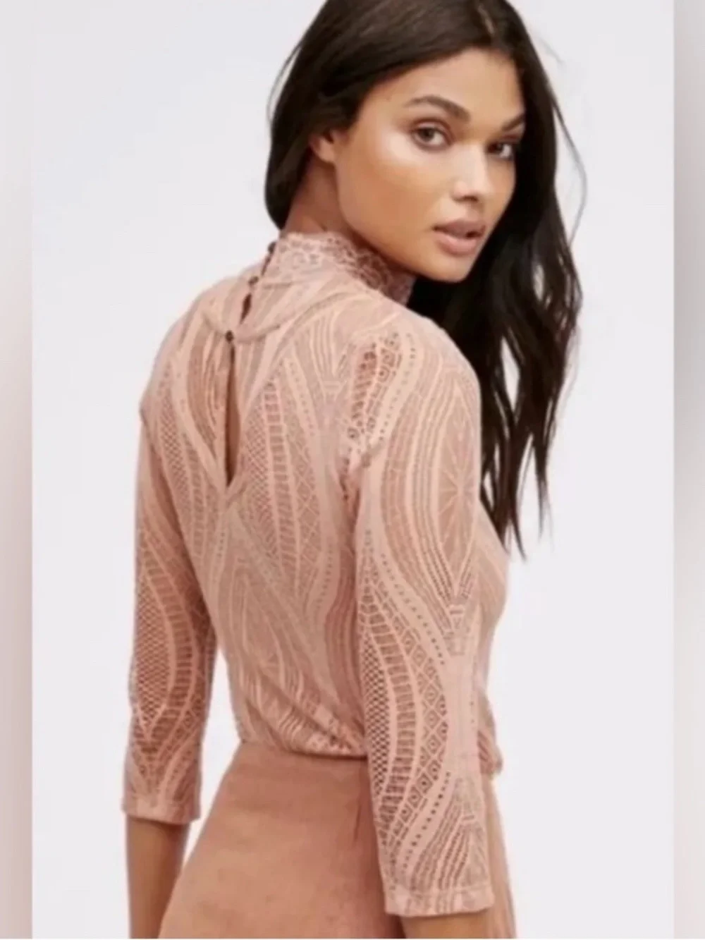NWOT Free People Monaco Long Sleeve Lace Top Blush High Neck